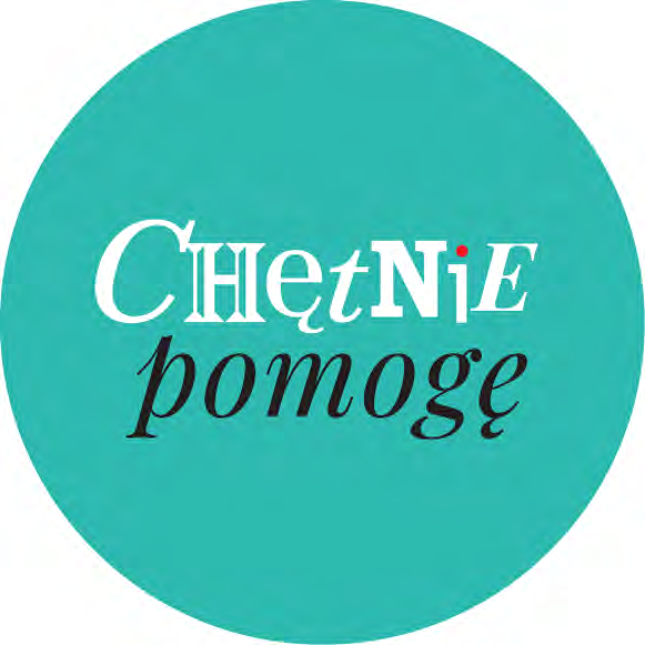 Przypinka wolontariusza z napisem „Chętnie pomogę”.