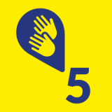 Na żółtym tle piktogram z językiem migowym i cyfra: 5.
