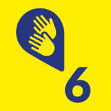 Na żółtym tle piktogram z językiem migowym i cyfra: 6.