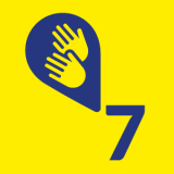 Na żółtym tle piktogram z językiem migowym i cyfra: 7.