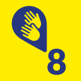 Na żółtym tle piktogram z językiem migowym i cyfra: 8.