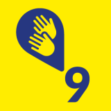 Na żółtym tle piktogram z językiem migowym i cyfra: 9.