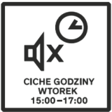 Piktogram zegara i wyłączenia głośności. Napis: ciche godziny wtorek 15:00-17:00.