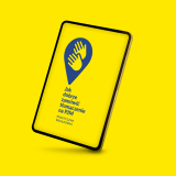 Na żółtym tle tablet z grafiką. Piktogram Języka Migowego i napis: „Jak dobrze zamówić tłumaczenie na PJM. Praktyczne wskazówki