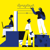 Grafika przedstawia trzy osoby. Na prawym podeście siedzi dziewczyna z przekreślonym uchem. Na nogach ma otwarty laptop. Na prawym podeście stoi osoba z przekreślonym okiem. Przesuwa guzik na liniach, co symbolizuje podwyższanie głośności. Pod nią uśmiechnięta osoba o krótkich włosach, trzyma w dłoni kartkę.