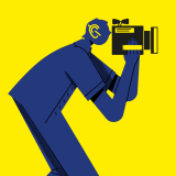 Grafika na żółtym tle: kamerzysta z przekreślonym uchem.