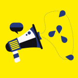 Grafika na żółtym tle. Megafon z dymkiem komiksowym i niebieskimi kropelkami.