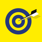 Grafika na żółtym tle. Biało-czarna strzała wbita w sam środek tarczy.