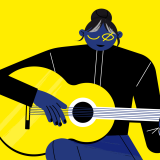 Grafika na żółtym tle. Postać gra na gitarze. Jedno oko ma zamknięte, drugie przekreślone.