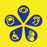 Niebiesko-żółte logo kultury wrażliwej. Pięć płatków kwiatu z symbolami wzroku, słuchu, języka migowego, ruchu i intelektu.