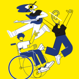 Grafika na żółtym tle. Jedna osoba gra na gitarze, na głowie ma duże, przekreślone oko, druga unosi do góry kciuki, na głowie ma duże, przekreślone ucho. Trzecia osoba jest na wózku, unosi do góry kciuk i palec wskazujący.